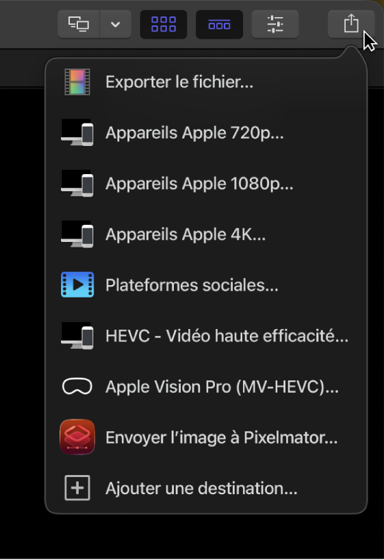 Destinations dans le menu Partager