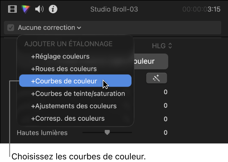 Courbes de couleur choisies dans la section Ajouter une correction du menu local situé en haut de l’inspecteur de couleur