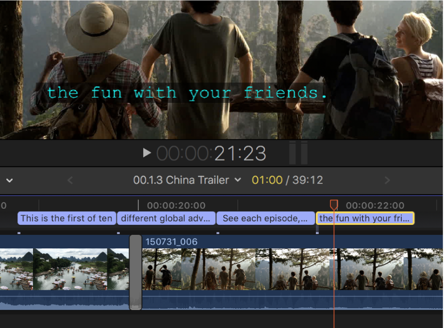Sous-titre sur une seule ligne dans le visualiseur et quatre sous-titres codés à une seule ligne contigus dans la timeline