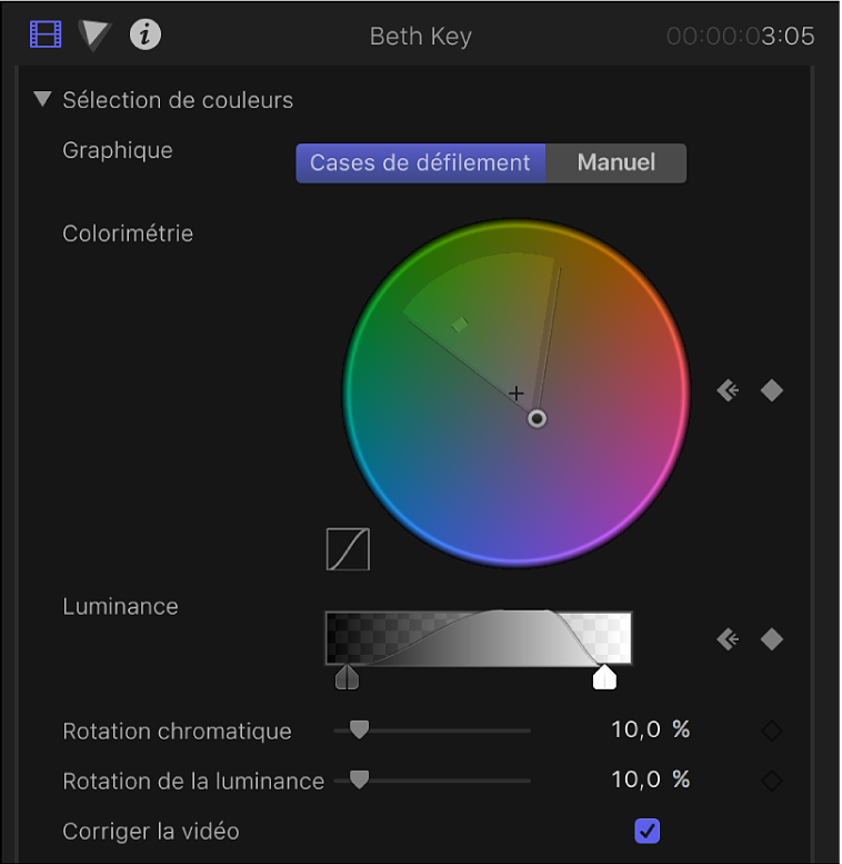 Commandes « Sélection des couleurs » dans l’inspecteur vidéo