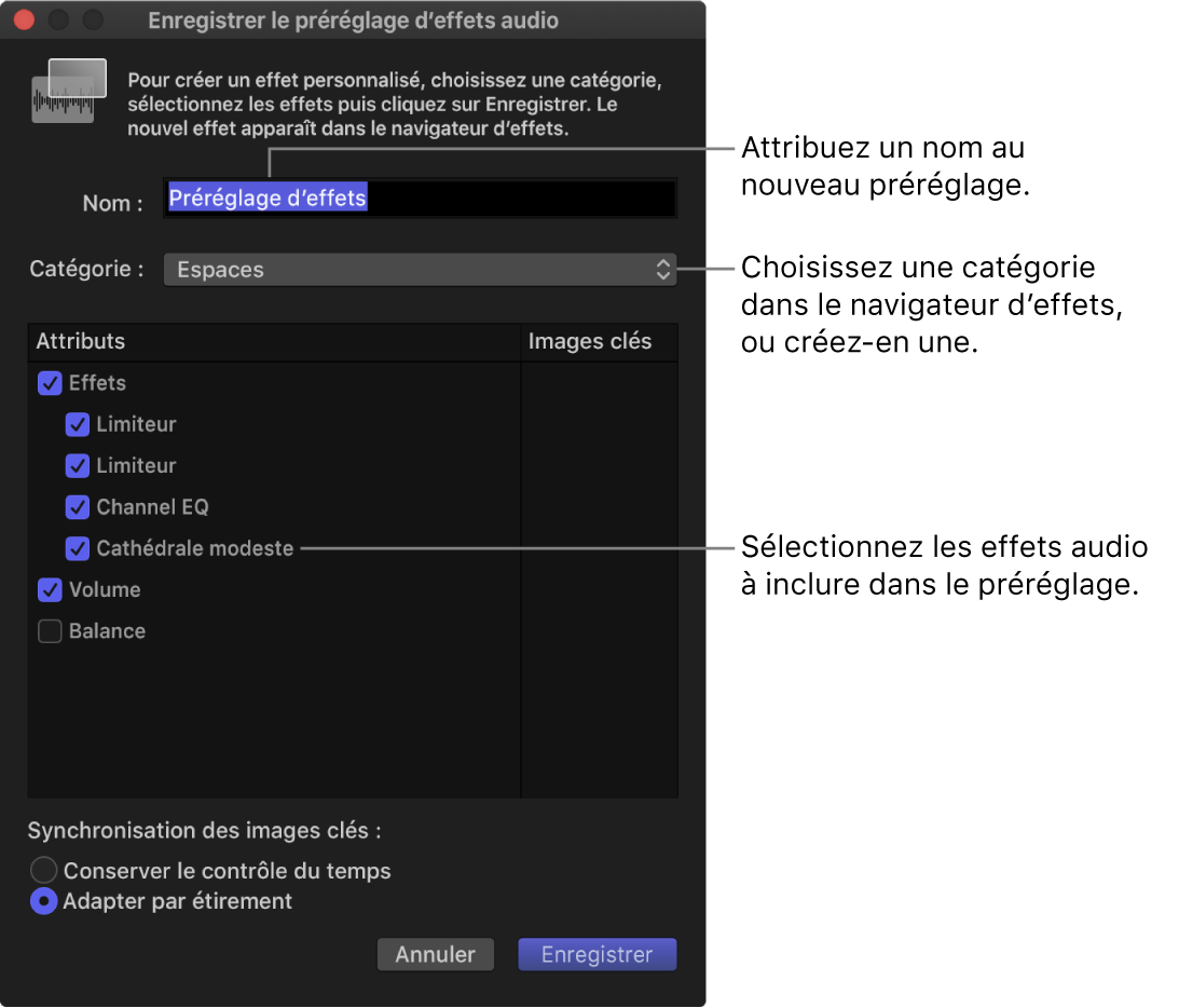 Fenêtre « Enregistrer le préréglage d’effets audio »
