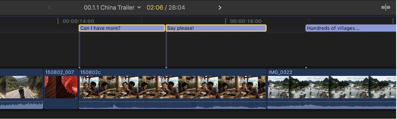 Timeline avec deux plans de sous-titres codés côte-à-côte qui ne se chevauchent pas et ne sont plus affichés en rouge