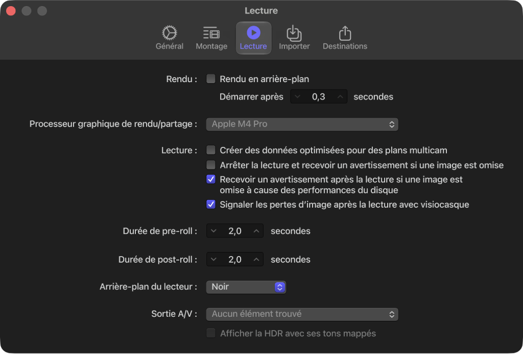 Sous-fenêtre Lecture de la fenêtre Réglages de Final Cut Pro