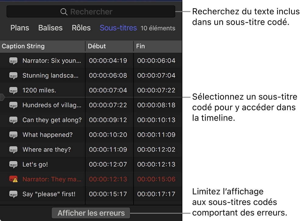 Fenêtre Sous-titres de l’index de la timeline