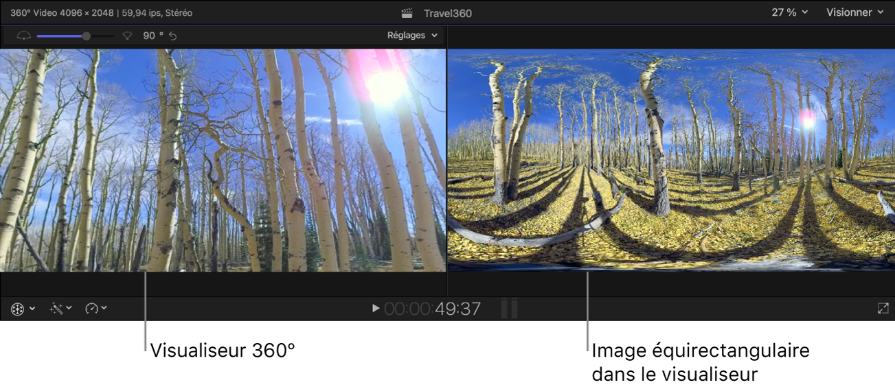 Visualiseur 360° et visualiseur standard montrant différentes projections de la même image 360°