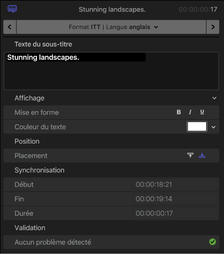 Inspecteur de sous-titres codés affichant les commandes de mise en forme du texte des sous-titres codés pour le format iTT