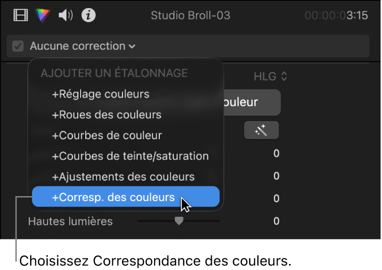 Section Ajouter une correction du menu local situé en haut de l’inspecteur de couleur affichant les effets d’étalonnage