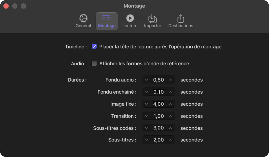 Sous-fenêtre Montage de la fenêtre Réglages de Final Cut Pro