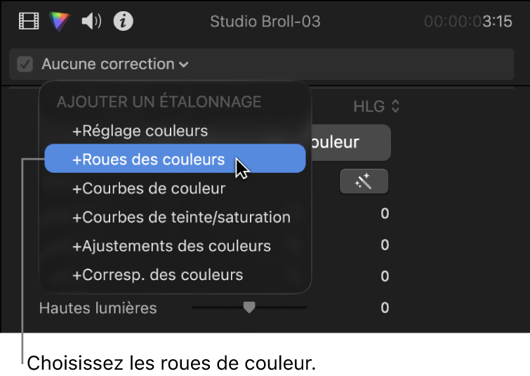 Roues des couleurs choisies dans la section Ajouter une correction du menu local situé en haut de l’inspecteur de couleur