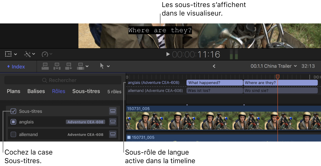 Case Sous-titres cochée dans l’index de la timeline et un sous-titre codé provenant du sous-rôle de langue actif affiché dans le visualiseur