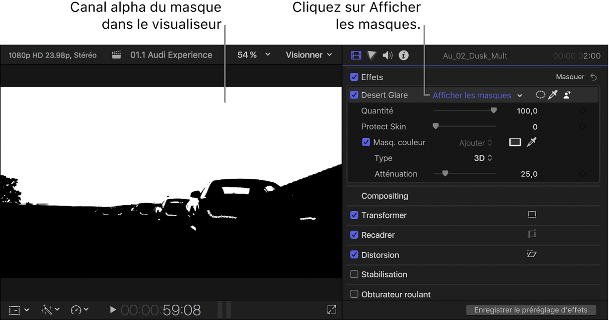 Visualiseur à gauche affichant le canal alpha du masque et inspecteur vidéo ouvert à droite