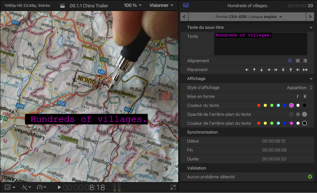 Visualiseur et inspecteur de sous-titres codés affichant les commandes de mise en forme du texte des sous-titres codés