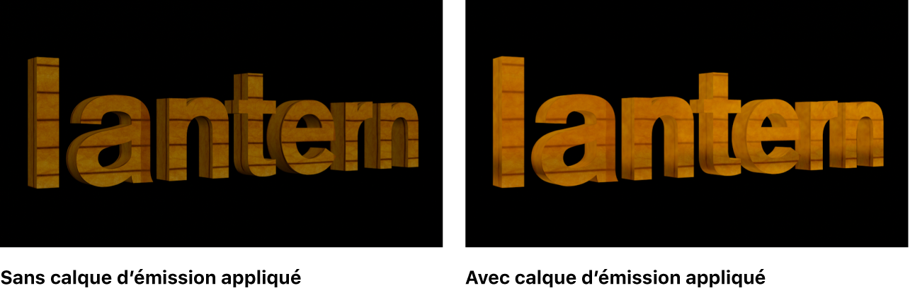Titre 3D avec et sans calque d’émission dans le visualiseur