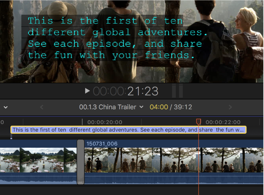 Sous-titre codé à quatre lignes dans le visualiseur et la timeline