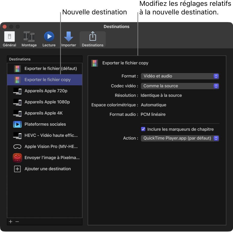 Sous-fenêtre Destinations de la fenêtre Réglages de Final Cut Pro montrant une destination « Exporter le fichier » dupliquée, sélectionnée dans la liste de gauche