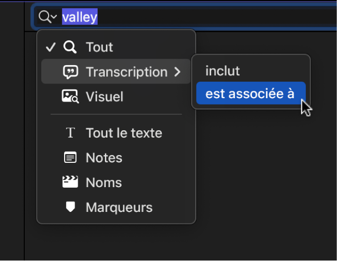 Menu local du champ de recherche affichant« Transcription » sélectionné et « est associée à » sélectionné dans le sous-menu