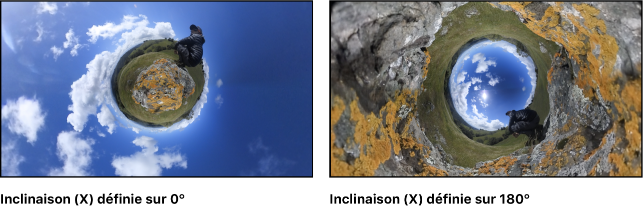 Image de mini-planète à gauche avec le paramètre Inclinaison défini sur 0° et la même image à droite avec le paramètre défini sur 180°, créant ainsi une mini-planète inversée