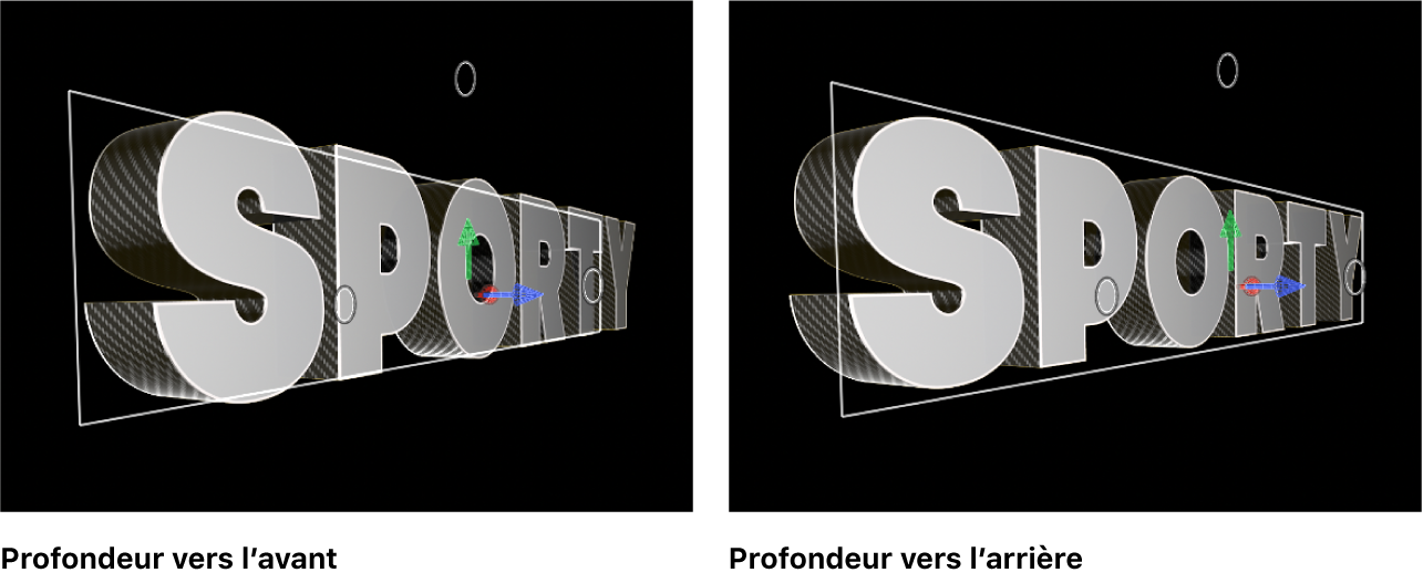 Titres 3D dans le visualiseur, avec le sens de profondeur réglé sur Avancer et Reculer