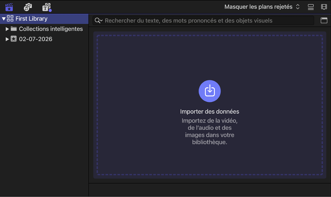 Barre latérale Bibliothèques avec une bibliothèque et un évènement, et navigateur avec le bouton « Importer des données »