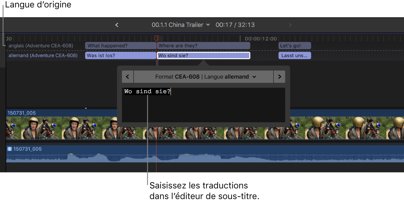 Éditeur de sous-titres codés montrant une traduction en allemand pour un sous-titre dupliqué sélectionné