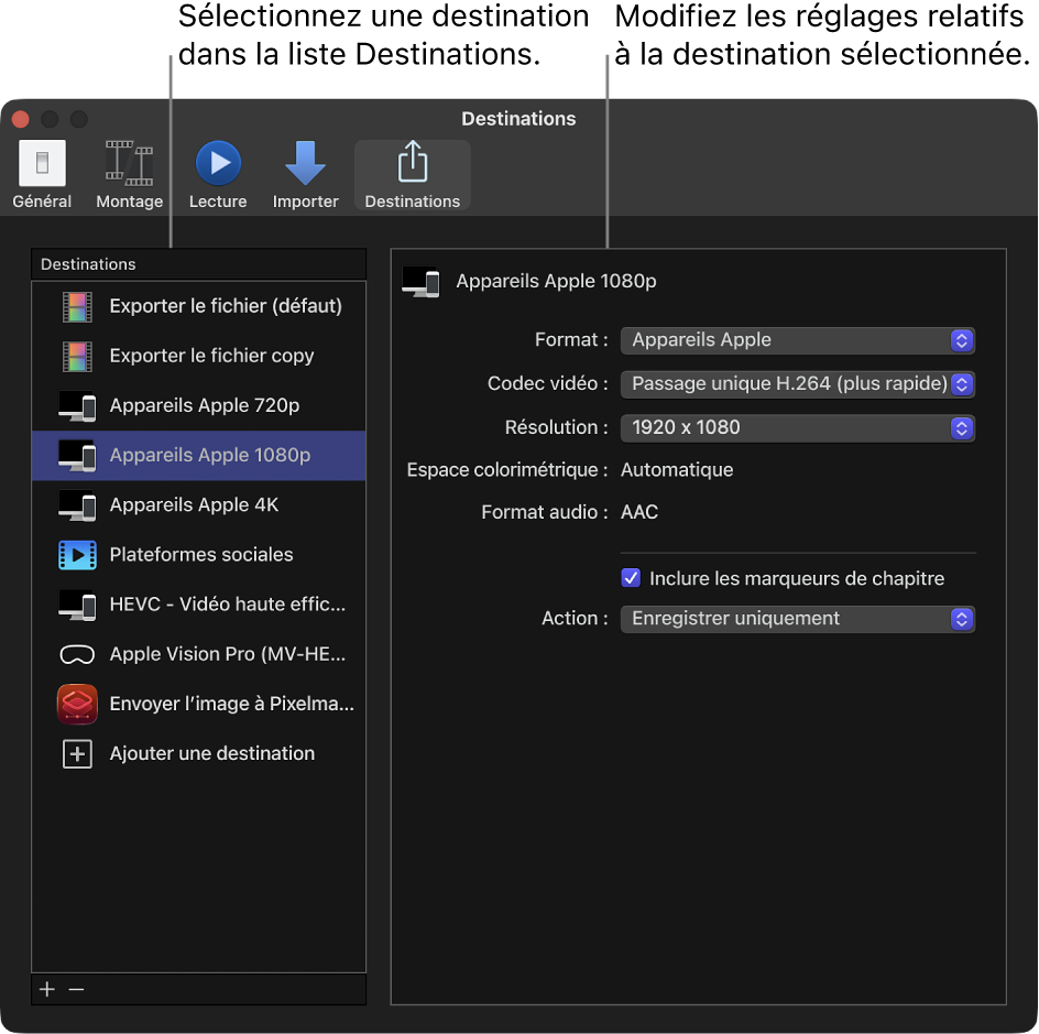 Sous-fenêtre Destinations de la fenêtre Réglages de Final Cut Pro montrant la destination « Appareils Apple 1080p », sélectionnée dans la liste de gauche