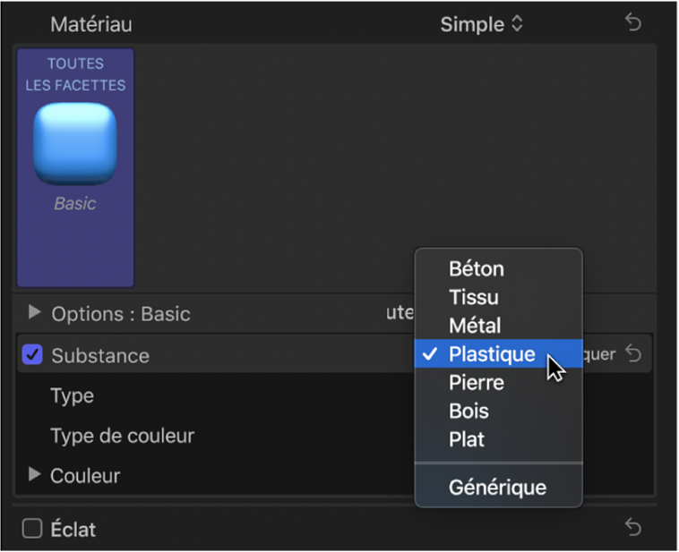 Inspecteur de texte montrant le menu local Substance dans la section Matériau de la section Texte 3D, avec l’option Plastique sélectionnée