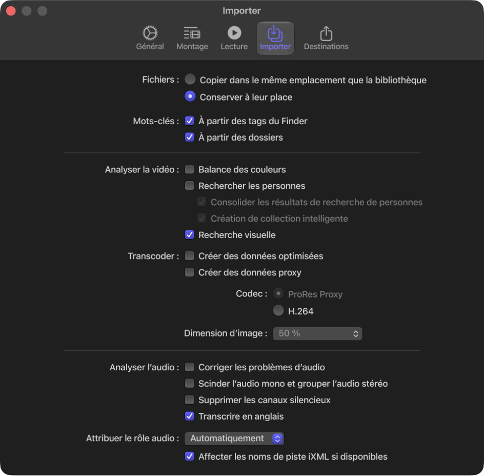 Sous-fenêtre Importation de la fenêtre Réglages de Final Cut Pro