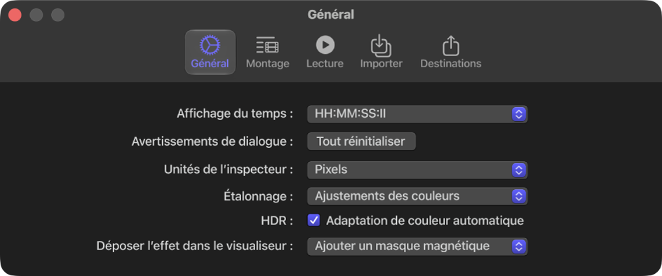 Sous-fenêtre Général de la fenêtre Réglages de Final Cut Pro