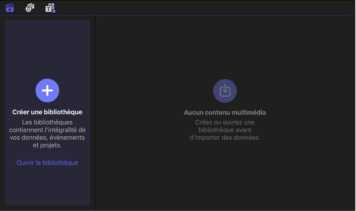 Barre latérale Bibliothèques vide et navigateur estompé sans données