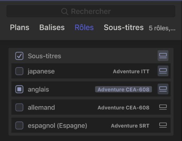 Fenêtre Rôles de l’index de la timeline affichant les sous-rôles de langue de sous-titrage codé