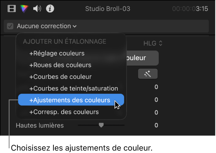 Effet Ajustements des couleurs choisi dans la section Ajouter une correction du menu local situé en haut de l’inspecteur de couleur
