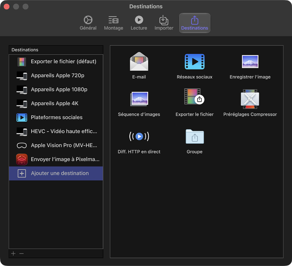 Sous-fenêtre Destinations de la fenêtre Réglages de Final Cut Pro