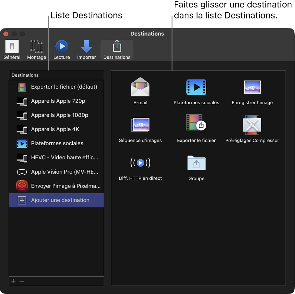 Sous-fenêtre Destinations de la fenêtre Réglages de Final Cut Pro avec l’option Ajouter une destination sélectionnée dans la liste de gauche