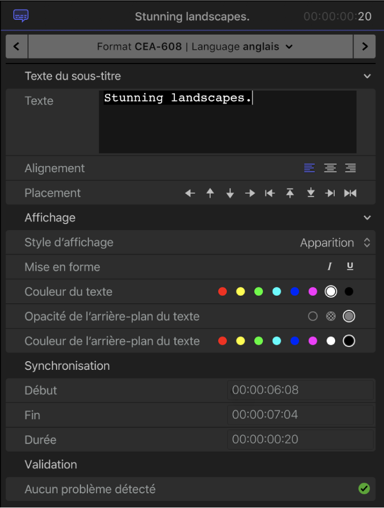 Inspecteur de sous-titres codés affichant les commandes de mise en forme du texte des sous-titres codés pour le format CEA-608