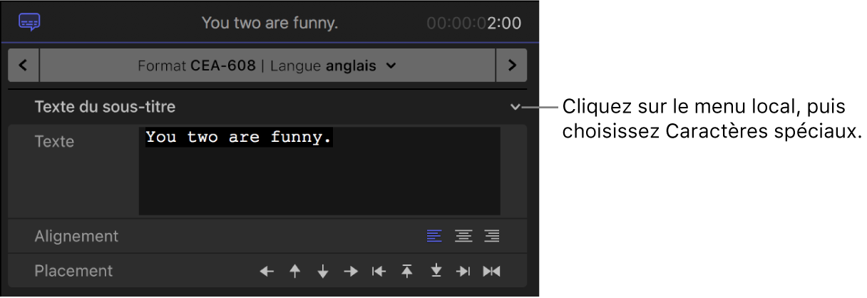 Inspecteur de sous-titres codés affichant le menu local situé à droite de l’en-tête « Texte du sous-titre »