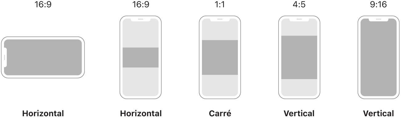 Différentes proportions sur l’écran d’un smartphone, comprenant un projet horizontal avec des proportions 16/9, un projet au format carré avec des proportions 1/1, un projet à la verticale avec des proportions 4/5 et un projet à la verticale avec des proportions 9/16