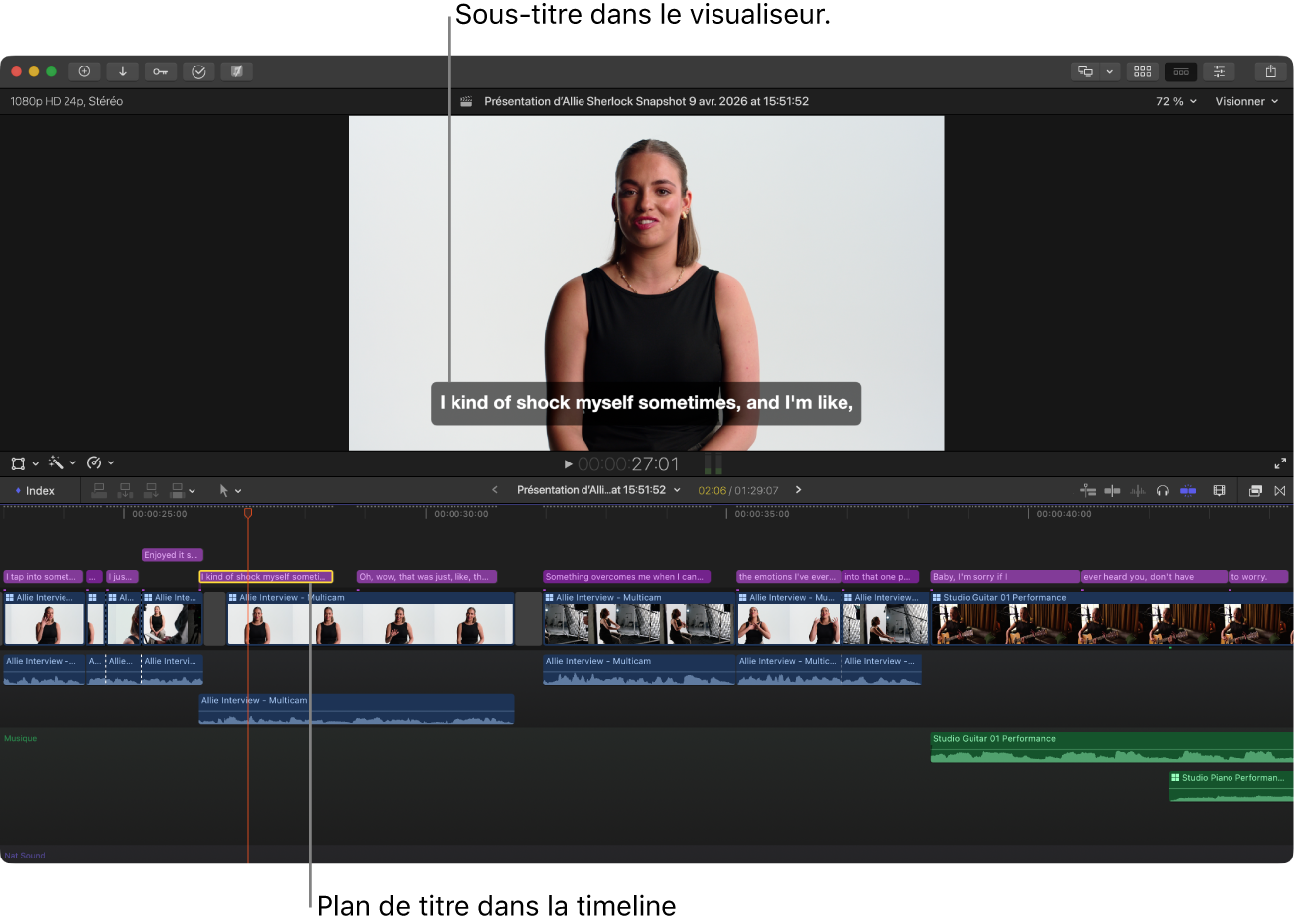 Plan de sous-titre sélectionné connecté à un plan vidéo dans la timeline et sous-titre correspondant apparaissant en bas de l’image dans le visualiseur