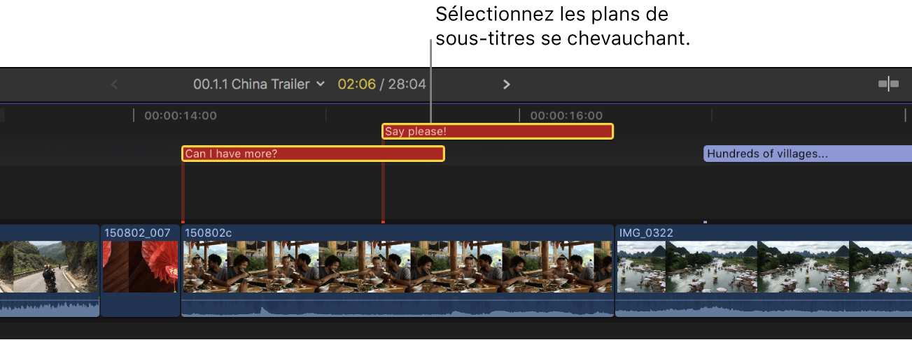 Timeline affichant deux plans de sous-titres codés rouges qui se chevauchent