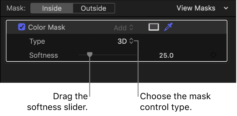 「タイプ」ポップアップメニューが「3D」に設定され、その下に「柔らかさ」スライダが表示された、インスペクタの「カラーマスク」セクション