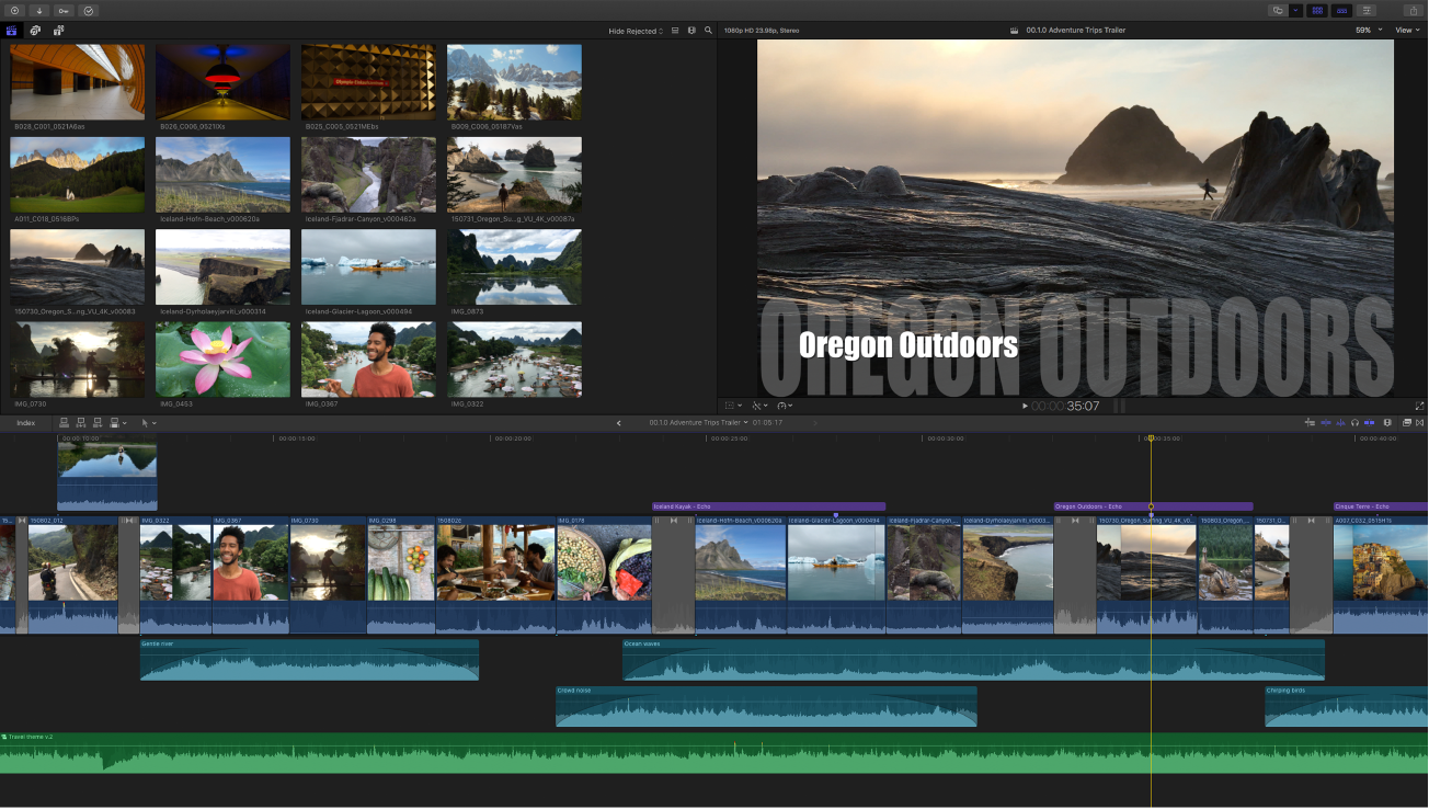 브라우저, 뷰어, 타임라인을 보여주는 Final&nbsp;Cut&nbsp;Pro 윈도우