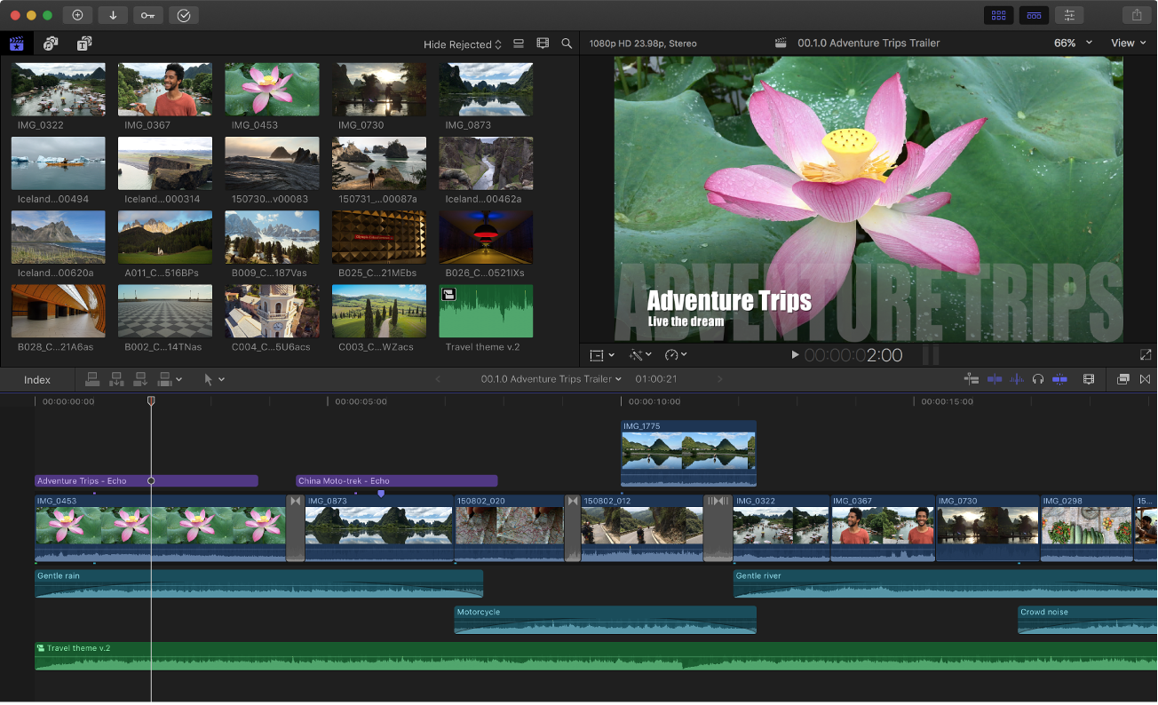 브라우저, 뷰어, 타임라인을 보여주는 Final Cut Pro 윈도우