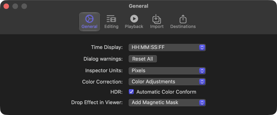 Final Cut Pro 설정 윈도우의 일반 패널