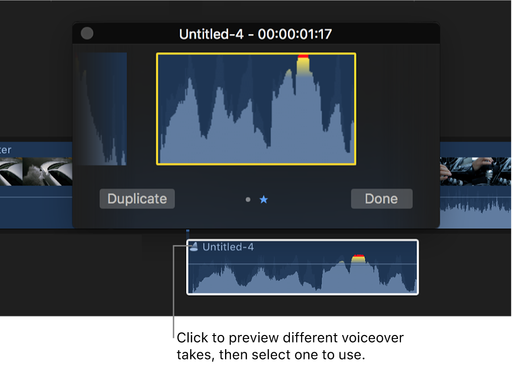 위에 오디션 윈도우가 있는 오디션 클립을 표시하는 타임라인