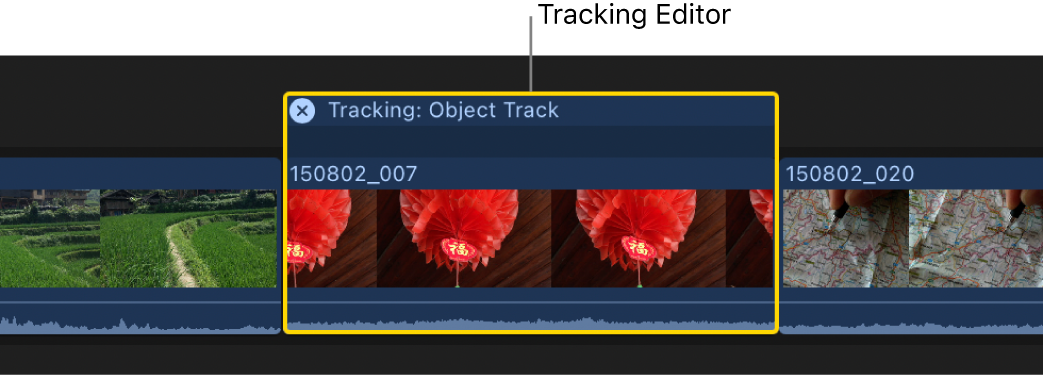 O Editor de Rastreamento em um clipe na linha do tempo