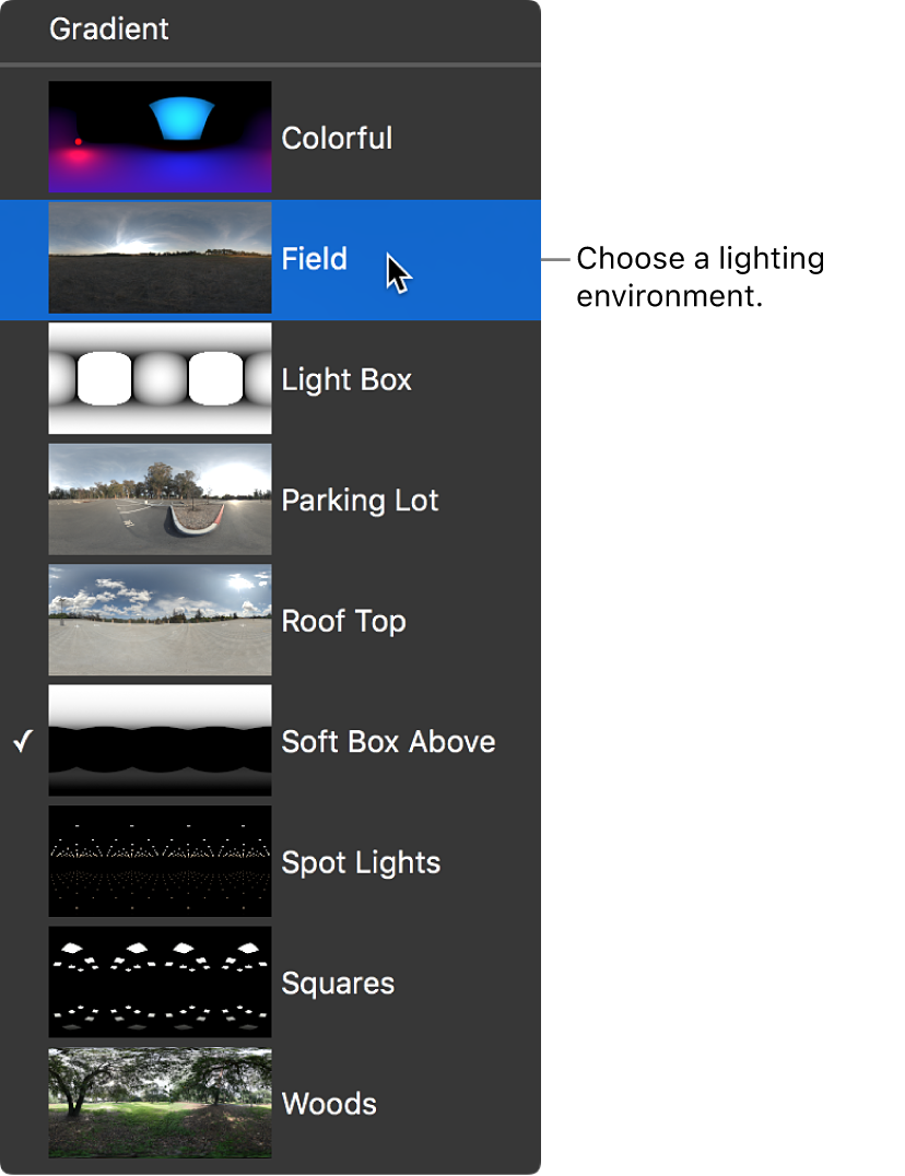 Opções de luz ambiente predefinidas no menu pop-up Tipo