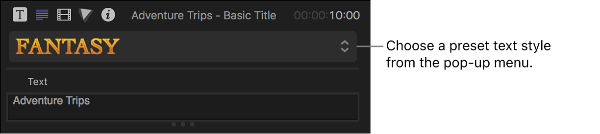 Menu pop-up na parte superior do Inspetor de Texto