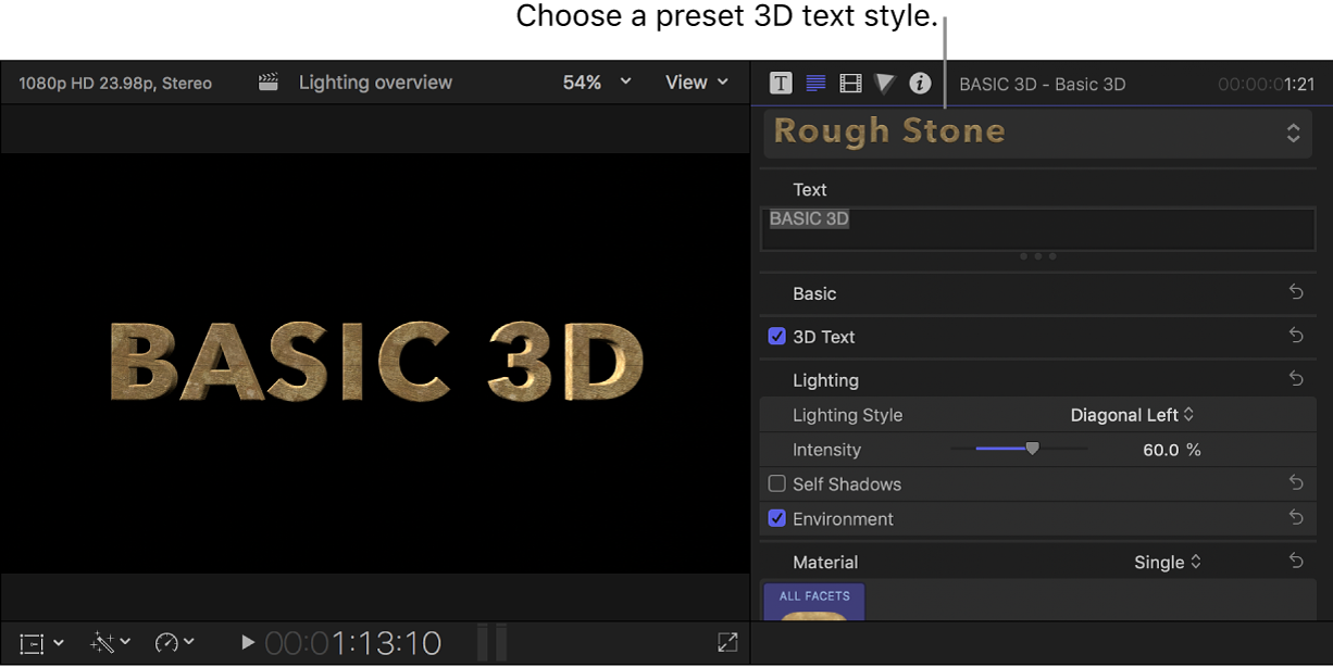 Um título 3D no visualizador com o estilo de texto de modelo Pedra Bruta e as configurações do título mostradas no Inspetor de Texto