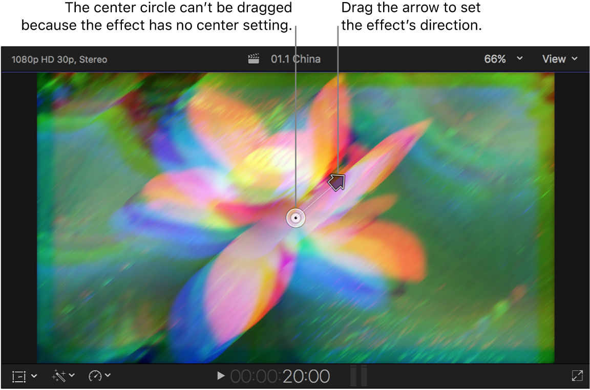 O visualizador mostrando os controles na tela do efeito Prisma.