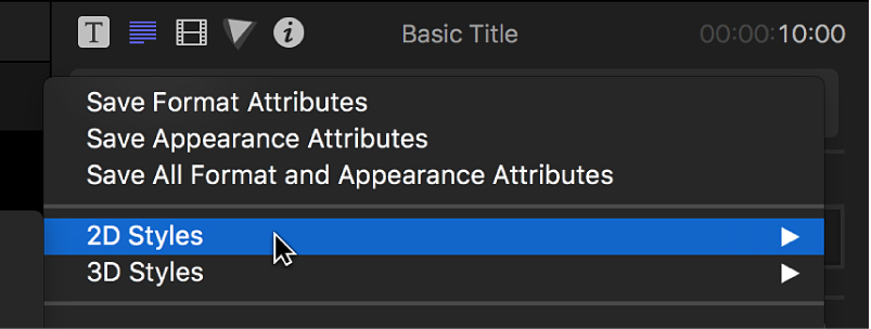 Opção Estilos 2D sendo escolhida no menu pop-up na parte superior do Inspetor de Texto
