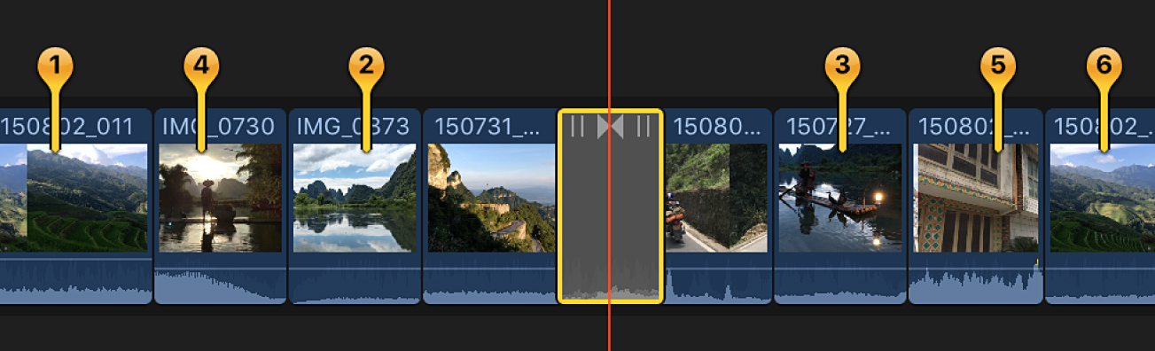 A linha do tempo mostrando alfinetes para imagens estáticas numeradas ao redor de uma transição.